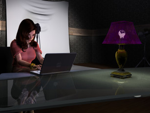 Картинка 3д+графика люди+ people взгляд девушка компьютер светильник стол фон