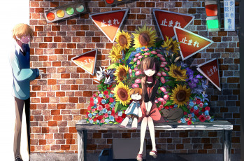 Картинка аниме kagerou+project kagerou project знаки девушка asahina hiyori парень fuppi светофор керпичная стена amamiya hibiya дом цветы арт