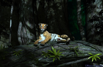 Картинка 3д+графика животные+ animals тигр лес растение