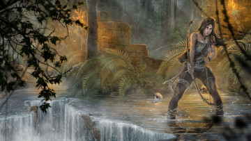 обоя видео игры, lara croft tomb raider,  anniversary, река, лес, череп, оружие, девушка, фон, взгляд
