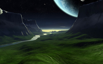 Картинка 3д+графика природа+ nature планета холмы река горы пейзаж ночь звезды месяц