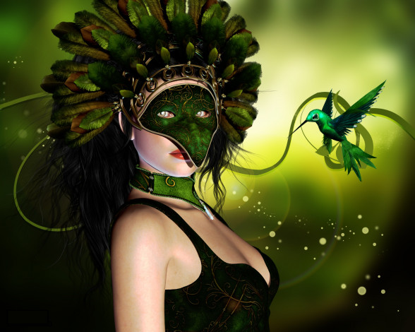 Обои картинки фото 3д графика, фантазия , fantasy, взгляд, девушка, колибри, перья, маска, фон