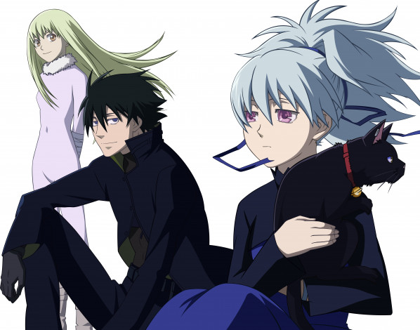 Обои картинки фото darker than black, аниме, взгляд, фон, кот, парень, девушки