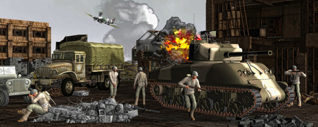 Обои картинки фото 3д графика, армия , military, сражение, огонь, самолет, оружие, танк, солдаты, автомобили