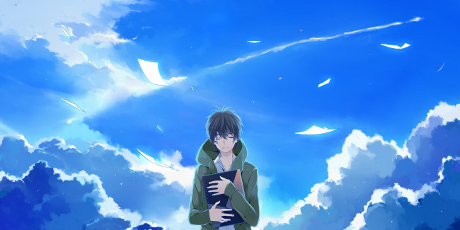 Обои картинки фото аниме, kagerou project, парень, облака, небо, листы, kagerou, project, kokonose, haruka, jiman, тетрадь