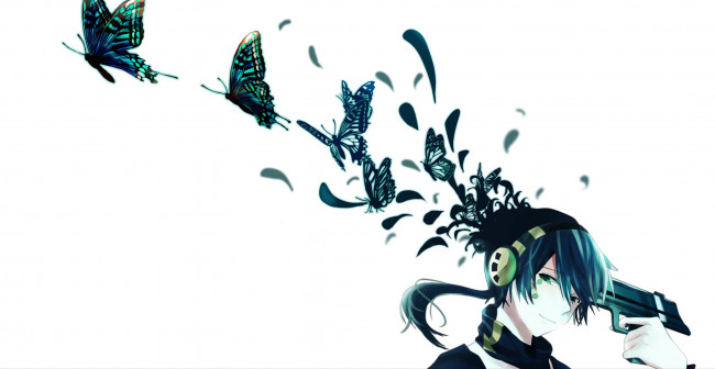 Обои картинки фото аниме, kagerou project, kagerou, project, бабочки, пистолет, взгляд, брюнет, оружие, наушники, konoha, icchan, парень