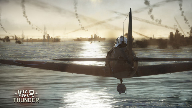 Обои картинки фото видео игры, war thunder,  world of planes, полет, самолет, корабли, море
