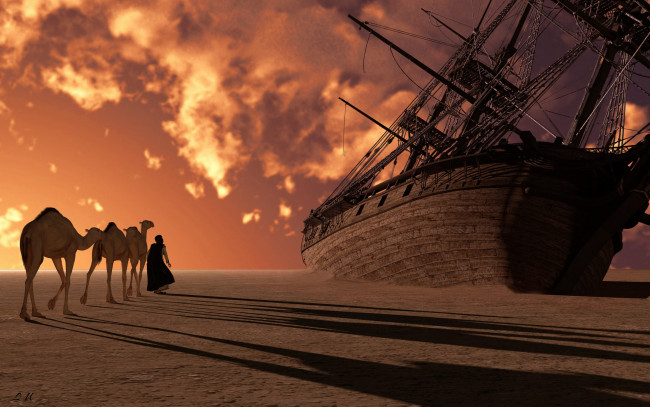 Обои картинки фото 3д графика, фантазия , fantasy, пустыня, верблюды, корабль