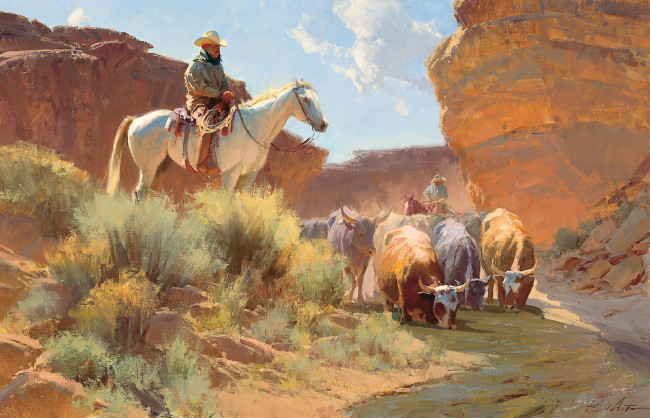Обои картинки фото рисованное, живопись, горы, ковбой, лошадь, коровы, река, водопой