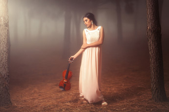 обоя музыка, - другое, настроение, лес, платье, скрипка, девушка