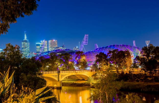 Обои картинки фото австралия, города, - огни ночного города, мост, река, небоскребы