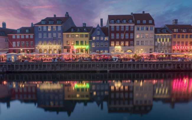 Обои картинки фото города, копенгаген , дания, набережная, вечер, огни