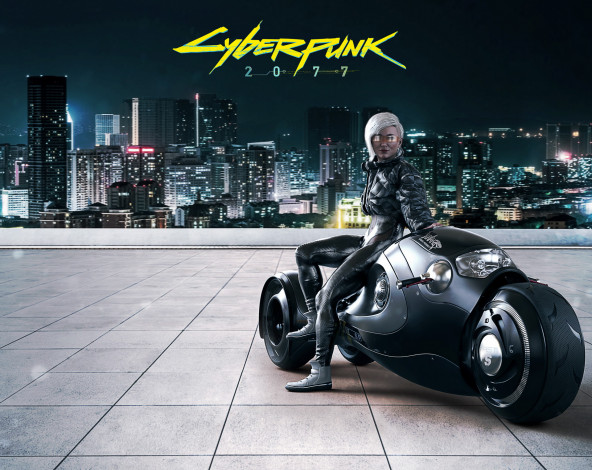 Обои картинки фото видео игры, cyberpunk 2077, девушка, фон, мотоцикл, город, униформа, очки