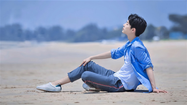 Обои картинки фото мужчины, xiao zhan, актер, песок, берег