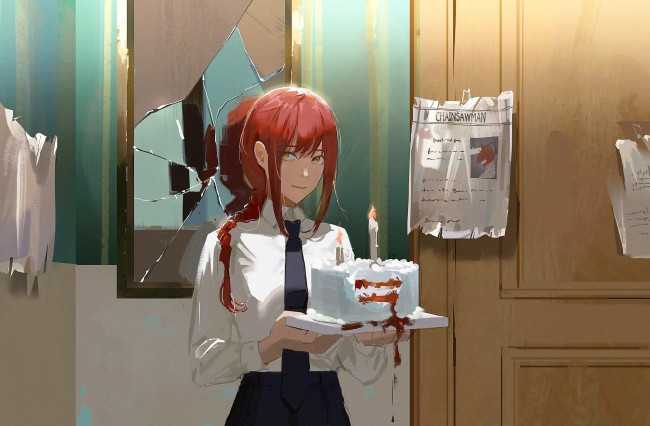 Обои картинки фото аниме, chainsaw man, девочка, торт, осколки, дверь
