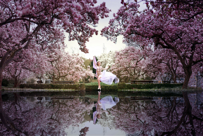 Обои картинки фото _Unsort -НЕ ВЫБИРАТЬ  , девушки, , не, выбирать, магнолия, парк, деревья, пруд