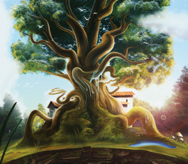 Картинка фэнтези пейзажи грибы дом дерево