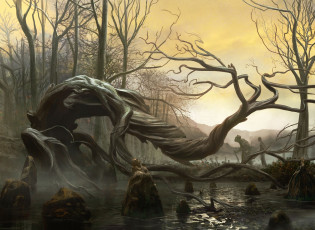 Картинка фэнтези пейзажи вода болото кривые дух деревья камни поводок пленник
