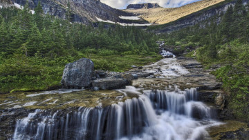 Картинка cascading mountain stream природа водопады ложбина лес горы водопад