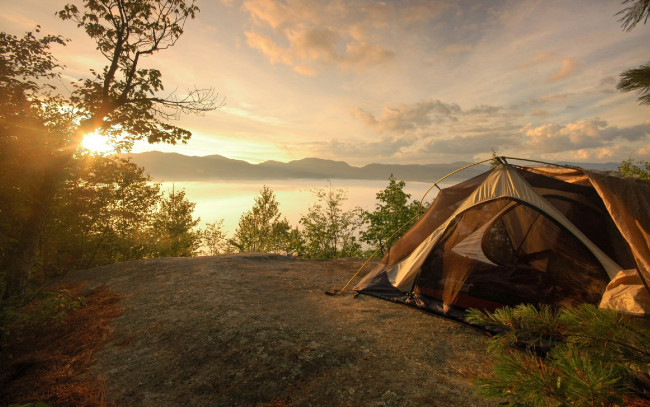 Обои картинки фото природа, восходы, закаты, восход, палатка, горы, озеро
