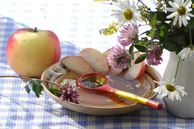 Обои картинки фото еда, мёд, варенье, повидло, джем, цветы, мед, ложка, яблоки