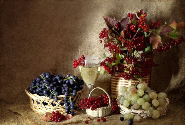 Обои картинки фото еда, натюрморт, бокал, вино, калина, виноград