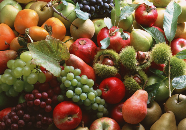 Обои картинки фото еда, фрукты, ягоды, каштан, виноград, помидор, груши, яблоки