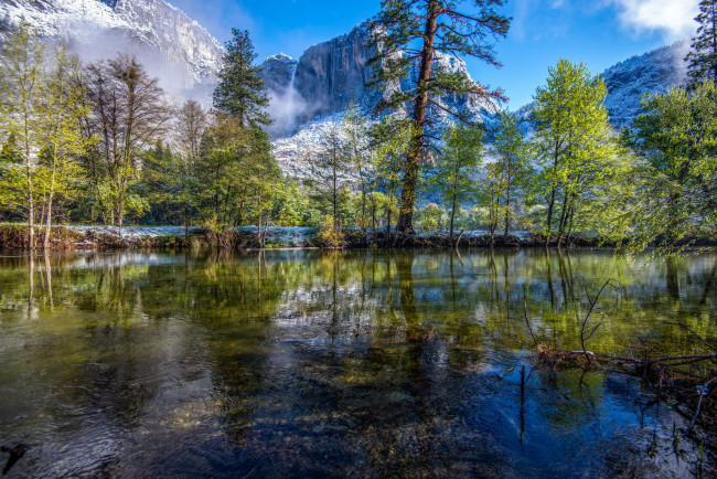 Обои картинки фото природа, реки, озера, отражение, река, горы, снег, деревья, йосемити, сша, калифорния, yosemite, national, park, usa