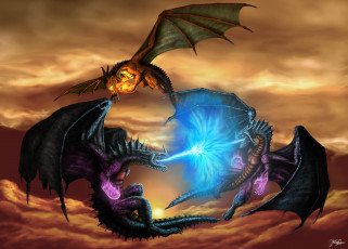 Картинка рисованное животные +сказочные +мифические закат фон драконы драка