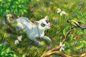 Картинка рисованное животные +коты ветка кот птичка