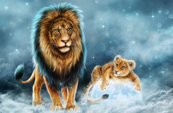 обоя рисованное, животные,  львы, хищник, царь, сын, отец, лев, львенок