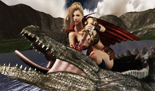 Обои картинки фото 3д графика, фантазия , fantasy, озеро, оружие, горы, фон, взгляд, девушка, крокодил
