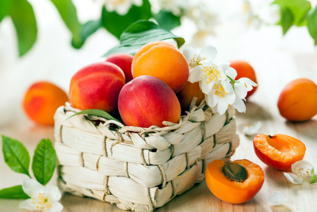 Обои картинки фото еда, персики,  сливы,  абрикосы, корзинка, жасмин