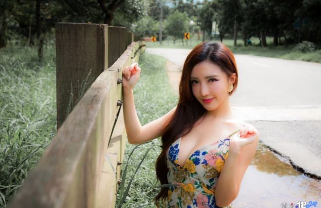 Обои картинки фото девушки, -unsort , азиатки, сарафан, дорога, парк, забор
