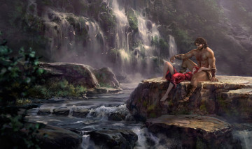 Картинка рисованное люди девушка мужчина фон водопад