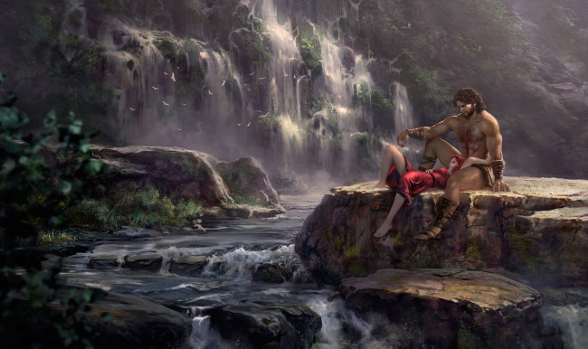 Обои картинки фото рисованное, люди, девушка, мужчина, фон, водопад
