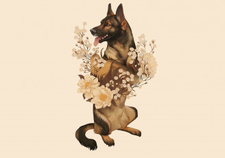 обоя рисованное, животные,  собаки, собака, цветы