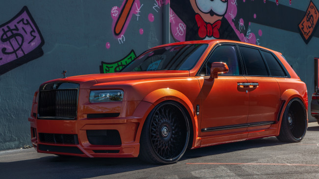 Обои картинки фото колян, автомобили, rolls-royce, orange, rolls, royce, graffiti, monopoly, black, wheels, cullinan