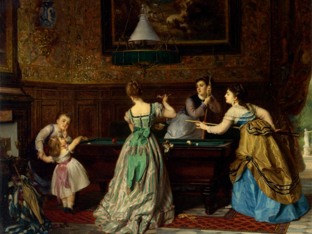 Обои картинки фото charles, edouard, boutibonne, ladies, playing, billiards, рисованные, бильярд