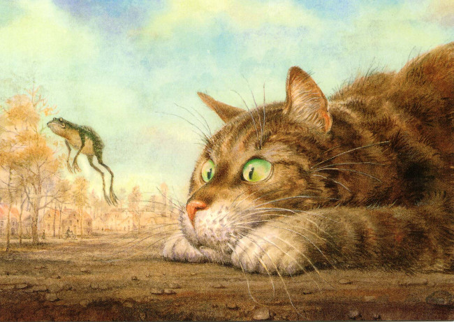 Обои картинки фото рисованные, животные, лягушка, кот