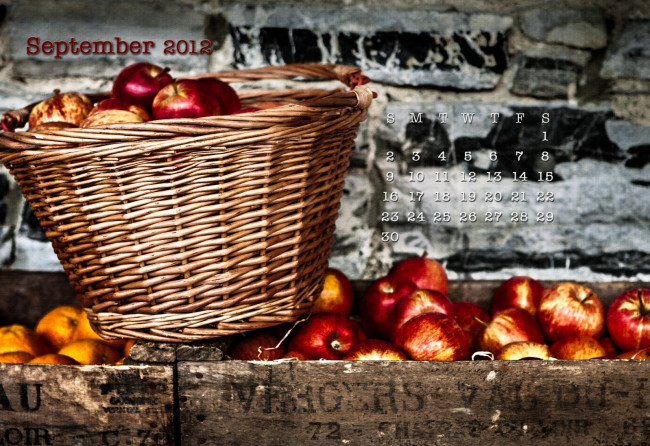 Обои картинки фото календари, еда, яблоки, корзина