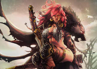 Картинка фэнтези девушки red sonja queen of steel женщина рыжая воин варвар меч шкура