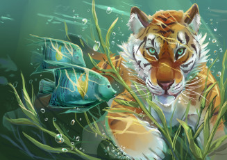 обоя рисованные, животные, art, арт, вода, тигр, рыбы