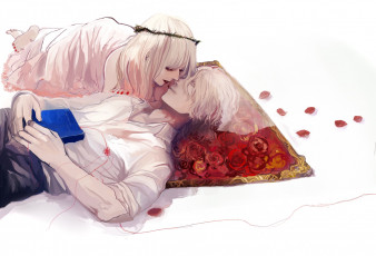Картинка аниме *unknown+ другое парень девушка белые волосы подушка книга лепестки нить