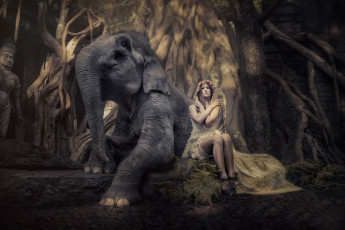Картинка фэнтези фотоарт слон девушка арт