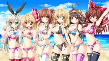 Картинка аниме *unknown+ другое девушки лето touhou kantai collection пляж разные группа купальники небо арт море