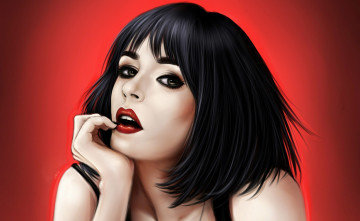 Картинка рисованные люди девушка портрет красный фон взгляд красные губы