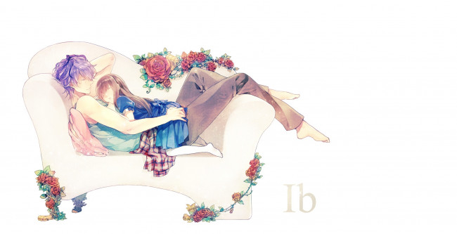 Обои картинки фото аниме, ib, цветы, девушка, парень, белый, фон, кресло, garry, eve