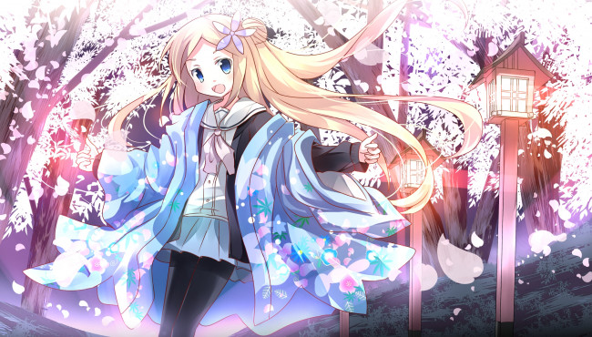 Обои картинки фото hanayamata, аниме, *unknown , другое, форма, лепестки, деревья, цветок, девушка, радость, улыбка, блондинка