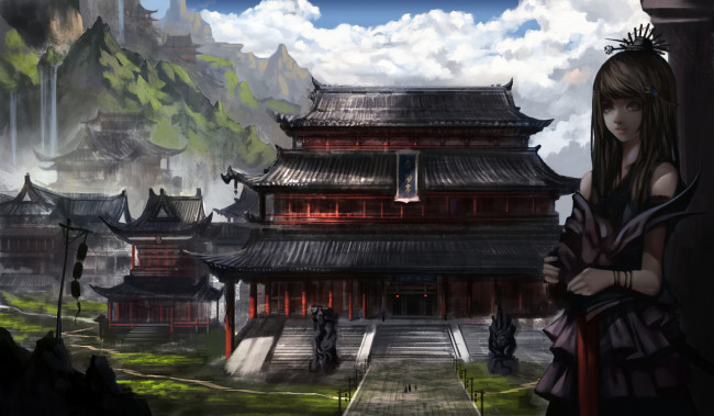 Обои картинки фото аниме, *unknown , другое, арт, baka, девушка, храм, водопады, азия, горы, пейзаж